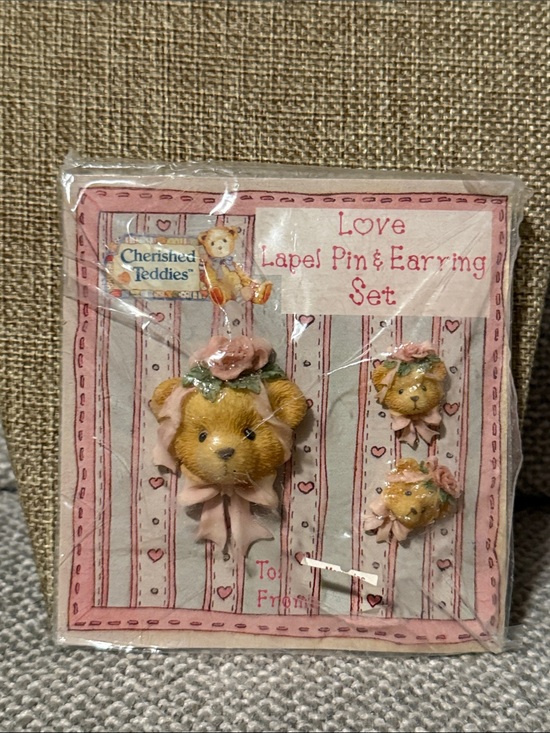 Cherished Teddies Jewelry - Cherished Teddies Pink Bear Lapel Pin & Earring Set 1995